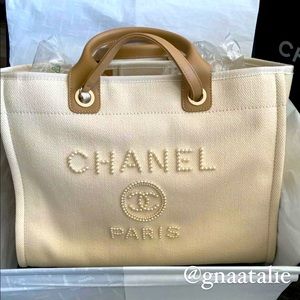 CHANEL Deauville Pearl Canvas XL Tote Ecru Beige